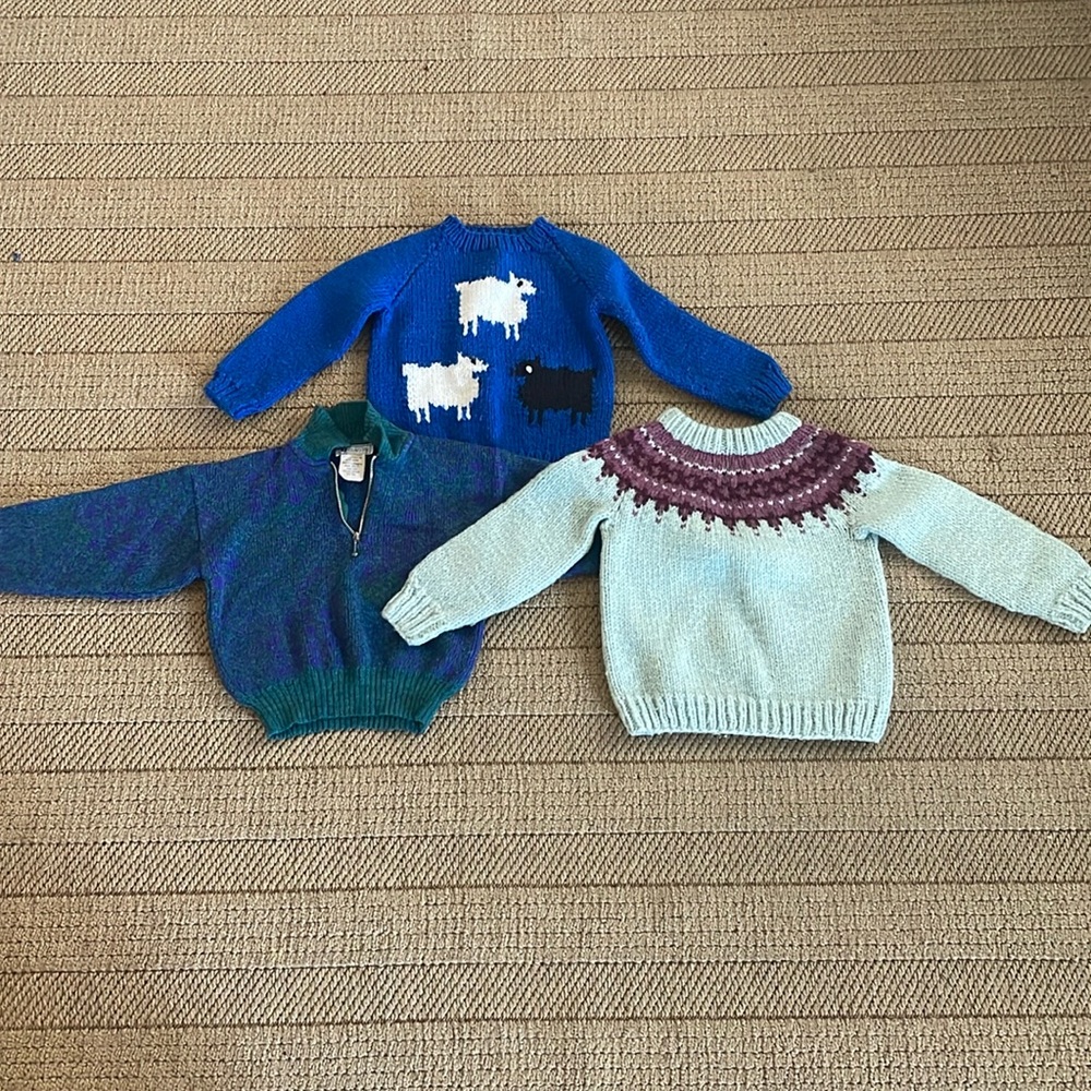 Lot of 3 vintage kids’ sweaters. 2 handknit, one Irene Clayeux.